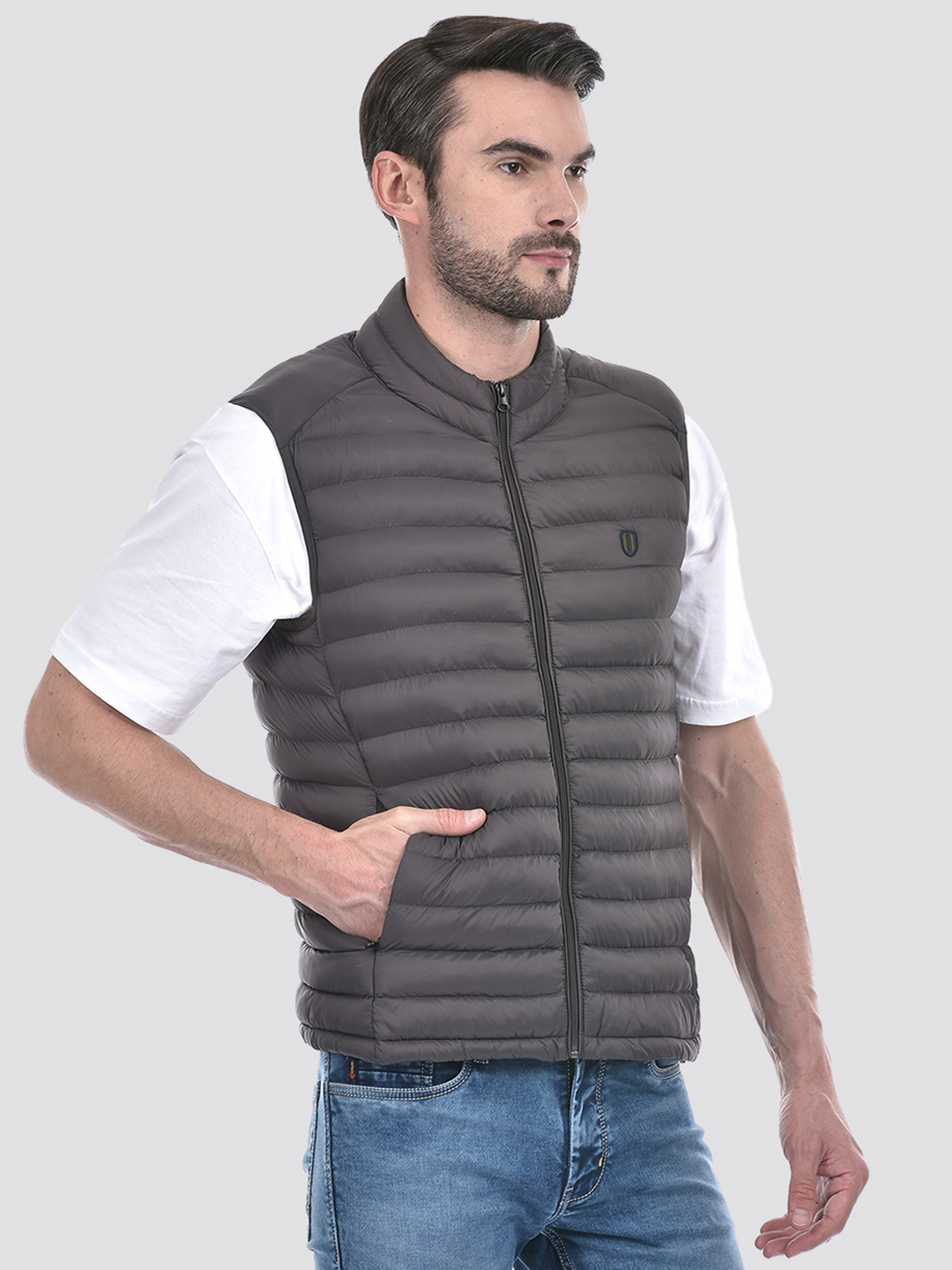 Numero Uno Men Solid Grey Quilted Regular Fit Jacket